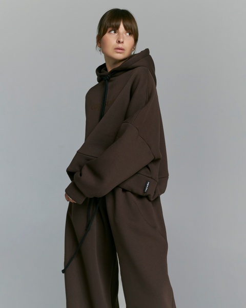 Hoodie BAT CROP oversized insulated, color chocolate, Size: XS/S