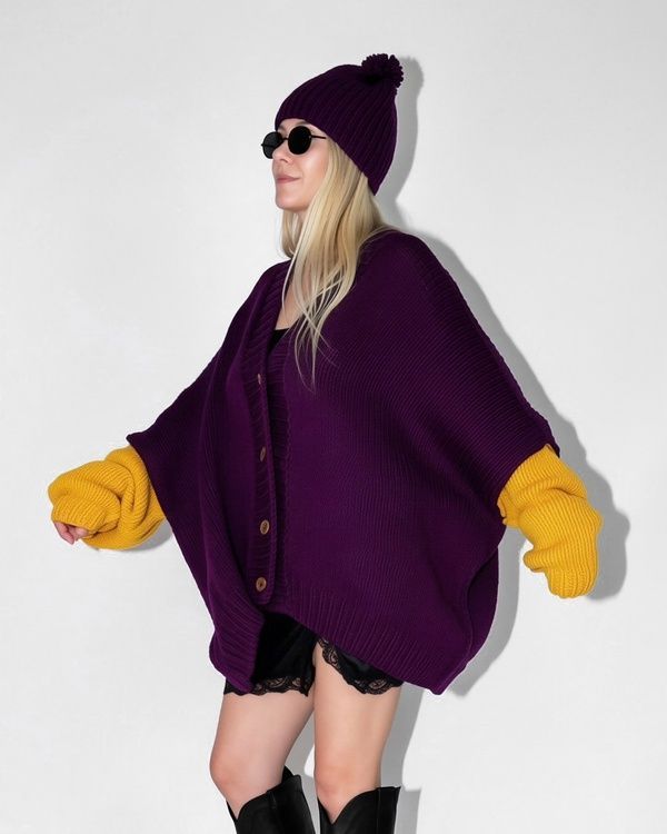 Oversized wool cardigan, dark purple and yellow, One size