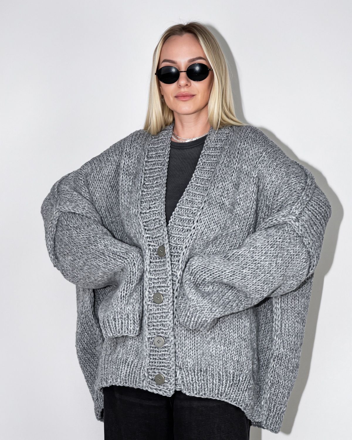 Oversized wool cardigan, grey melange, One size