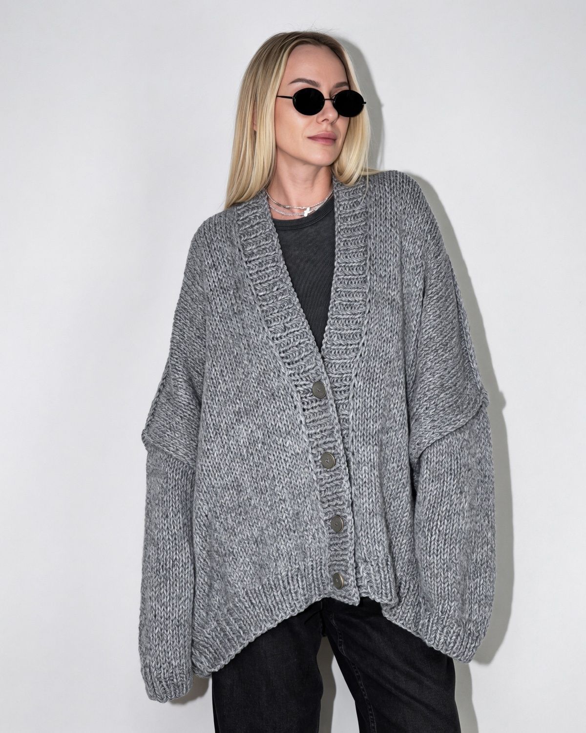 Oversized wool cardigan, grey melange, One size